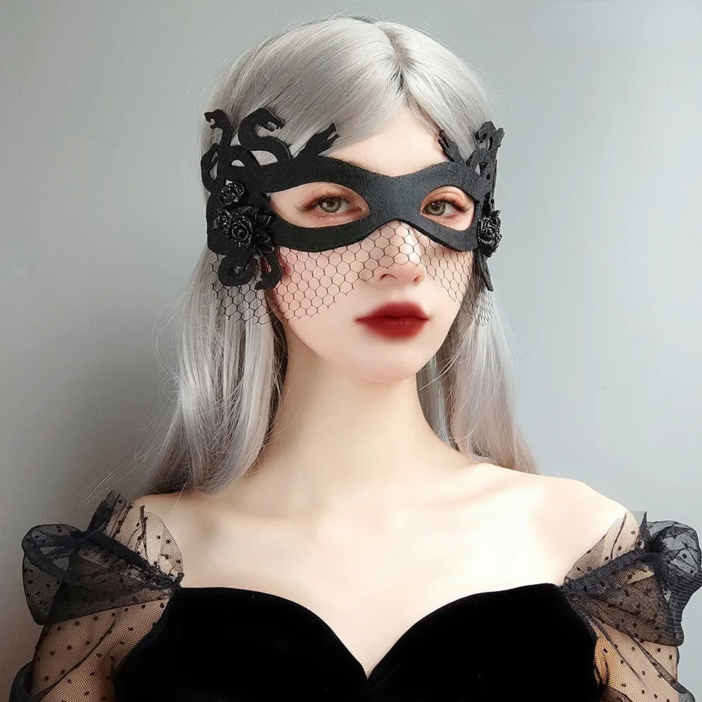 Maschere per feste Maschera per feste Bar Velo a vento gotico Serpente nero Demone Medusa Carnevale di Halloween Fantasma Festival Mezza faccia Prom Maschera di pizzo 230313