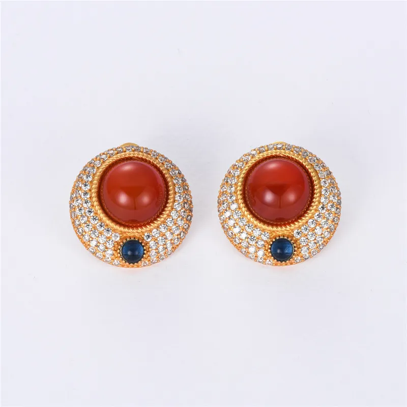 European/American Medieval Vintage Stud Temperament Red Agate Round Zircon Earrings Court Women's Accessories Jewelry