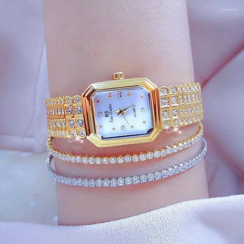 Relojes de pulsera BS Reloj para mujer Pulsera de diamantes de imitación de oro Reloj de pulsera Cuadrado de diamante de plata simple para regalo