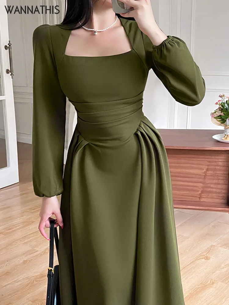 Sukienki swobodne Wannathis Folds Corsets Woman Corsets Women Midi Sukienka Seksowna elegancka bodycon Autumn Elegancka impreza Casualna dama Long Dress Streetwear 230313