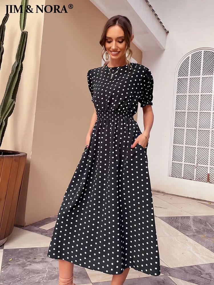 Casual Dresses Jim Nora Elegant Summer Beach Sundress Midi Dress Women Boho Chiffon Polka Dot Casual Mid-Längd Temperament Retro Dresses 230313