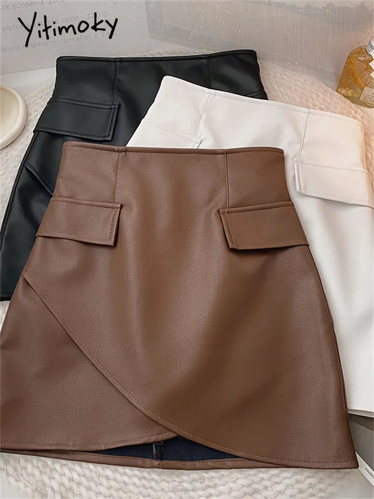 Skirts Yitimoky Cross Leather Skirts for Women Elegant Office Ladies High Waisted Fashion Chic Mini PU Skirt with Liner Casual 230313