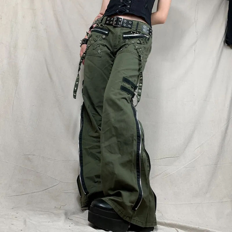 Damesbroek capris verbinding lage taille lading gothic punk baggy retro kawaii broek grunge groen zipper jeans vrouwen Koreaanse joggingbroek 230313