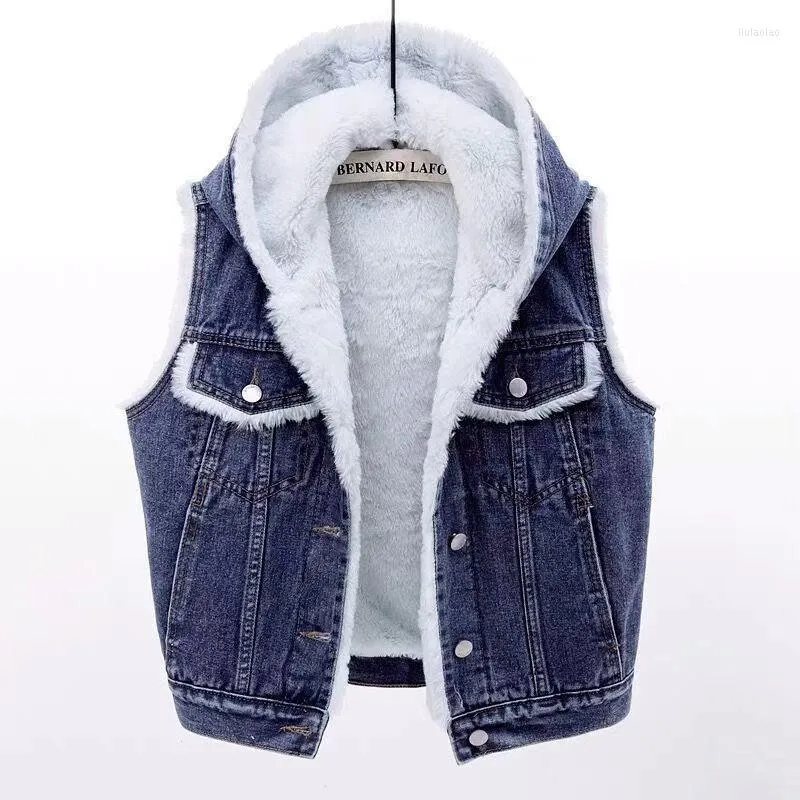 Kvinnors västar 2023 Autumn Winter Fashion Denim Vest Women Sleeveless Jacket Short Thick Jean Waistcoat Ladies Tops