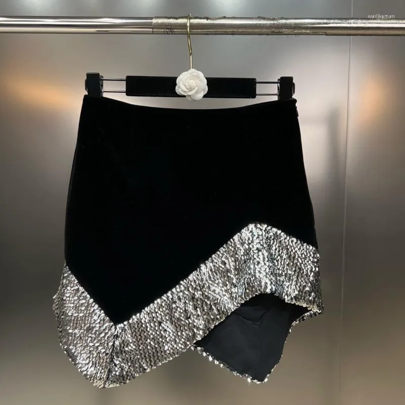 Skirts PREPOMP 2023 Spring Arrival Irregular Sequins Black Velvet Short Skirt Women GH295