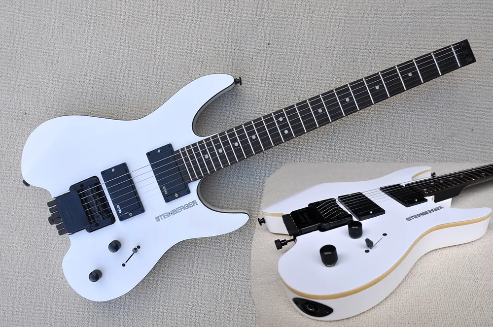 Factory Custom White Headless Electric Gitaar met HH pickups Black Hardwares Rosewood Fletboard Aangepaste services.