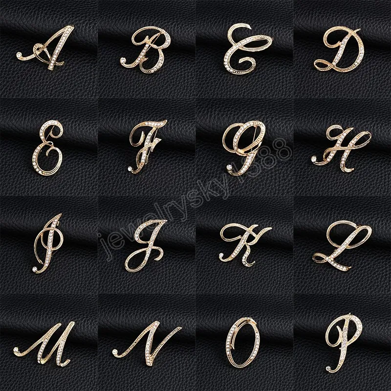 Creativo 26 lettere iniziali dalla A alla Z spille con strass spille color oro spilla abito camicia gioielli di moda per le donne accessorio