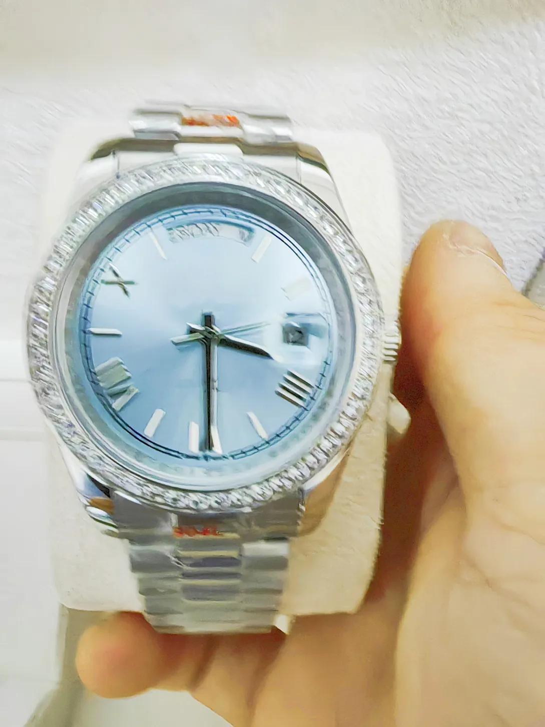 Med originallåda högkvalitativa lyxmodeller på toppkvalitet 8k blå diamantdialer bezel 18038 Automatisk herremän klocka