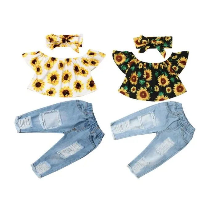 Baby Girls Summer Clothes Set Kids Off Shoulder Short Sleeve Sunflower Topps Ripped Denim Jeans 3st Toddler Pant Outfits