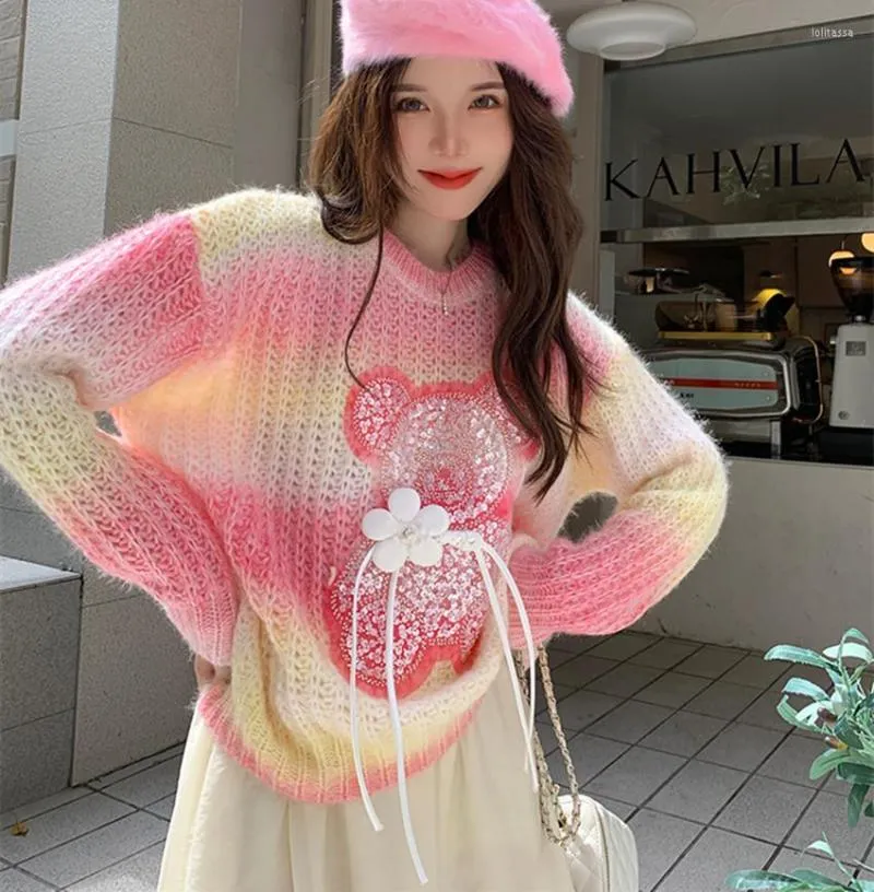 Women's Sweaters Fashion Design Autumn Floral Sequined Knitted Pullovers Luxury Women O Neck Gradual Change Pink Female Sweet Loose Soft