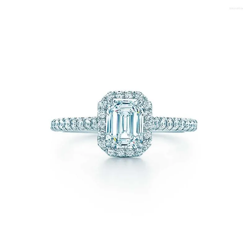 Anneaux de cluster Fabuleux 18K Or blanc Au750 Bague 2CT Emerald Cut Diamond Promesse Anniversaire de mariage