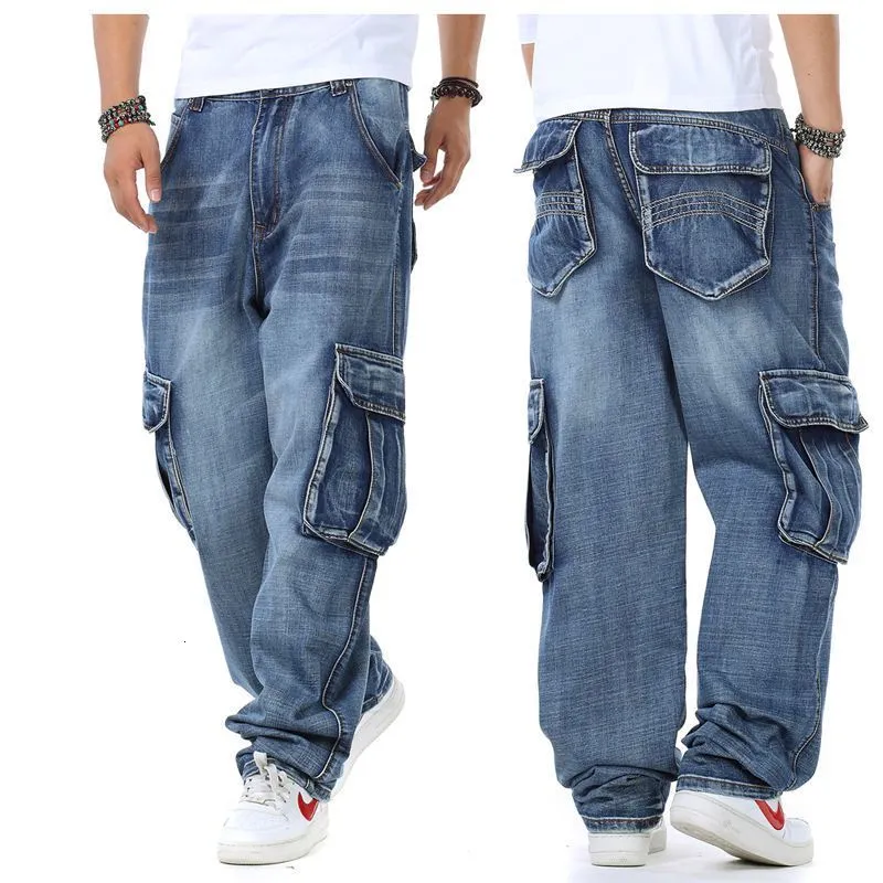 Мужские джинсы Мужские джинсы мешковатые хип-хоп джинсы мульти-карманы Скейтборд грузовые джинсы для мужчин тактических бегунов джинсовые брюки Размер 38-46 230313