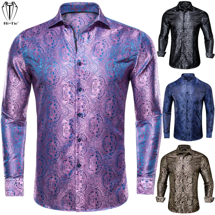 Men s Casual Shirts Hi Tie Brand Silk Mens Long Sleeve Slim Fit Gold Blue Red Beige Burgundy Pink Purple Gray Shirt For Men High Quality 230313