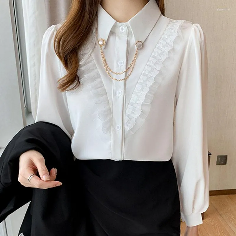 2023 Autumn Elegant French Chiffon Pink Blouse Womens For Women With  Stitching Lace, Long Sleeves, Beading, And Pink And White Color Options Mujer  Blusas 2171 From Shasamei, $17.99