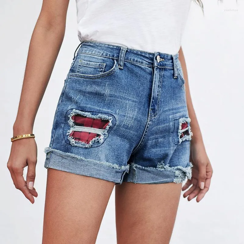 Kvinnors shorts mode blommig lapptäcke rippade denim sommar lös dampanel tvättade jean korta kvinnor avslappnad mitt midja rak