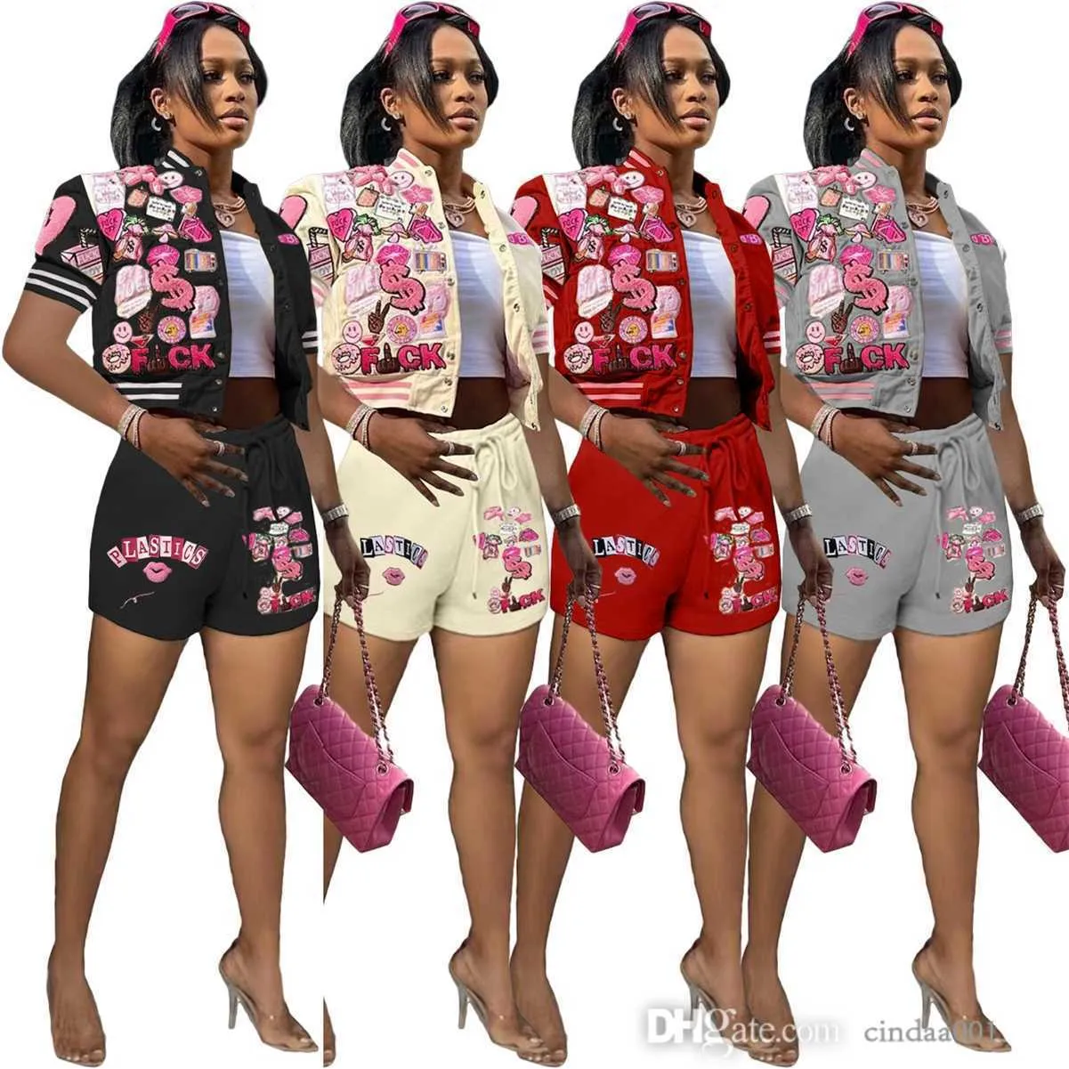 Mode Trend Womens Tracksuits 2 Piece Shorts Set Casual Printed Baseball Jacket kostym Kort ärmkläder Aktiva sportkläder