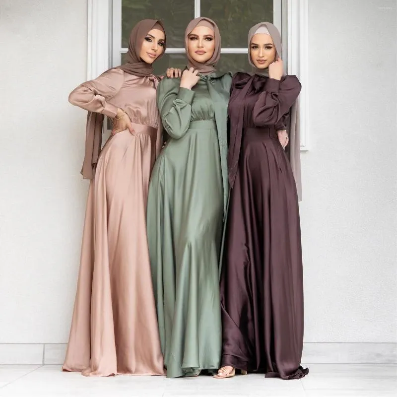 Ethnische Kleidung Muslim Satin Frauen Kleid Arabisch Abaya Elegante Lange Ärmel Dubai Abayat Maxi Kleider Robe Mousseline De Soie Musulmane