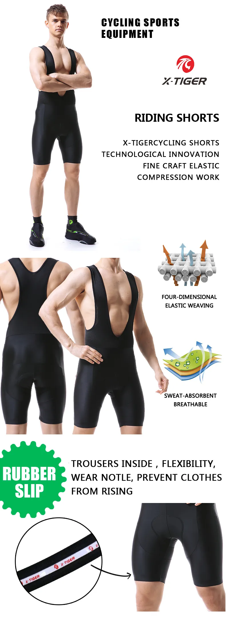 X TIGER Black Bib Cycling Shorts Mens With 5D Coolmax Gel