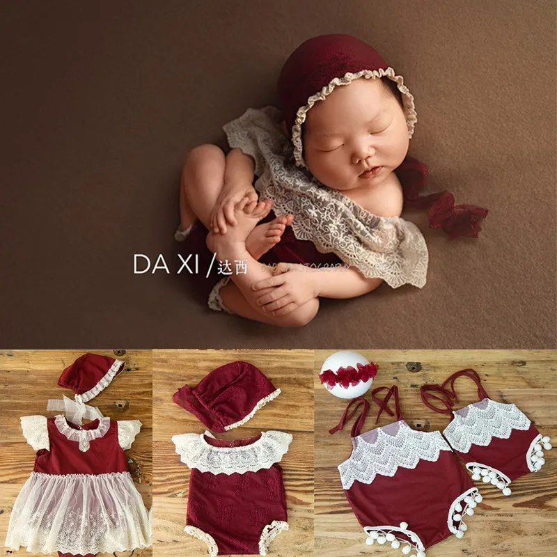 Caps Hats born Pography Props Baby Christmas Lace Romper Bebe Foto Shooting Hat Bodysuits Outfit Studio Shoot Lace Accessories Set 230313