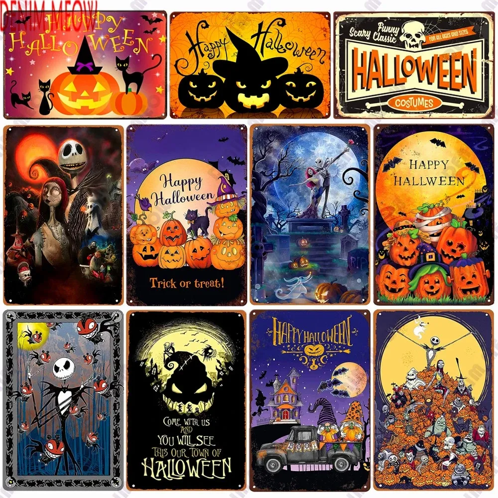 Nouveau style joyeux Halloween peinture en métal affiche d'art mural cauchemar en métal signe en étain décor mural vintage chat noir décoration de la maison 30X20 cm W03