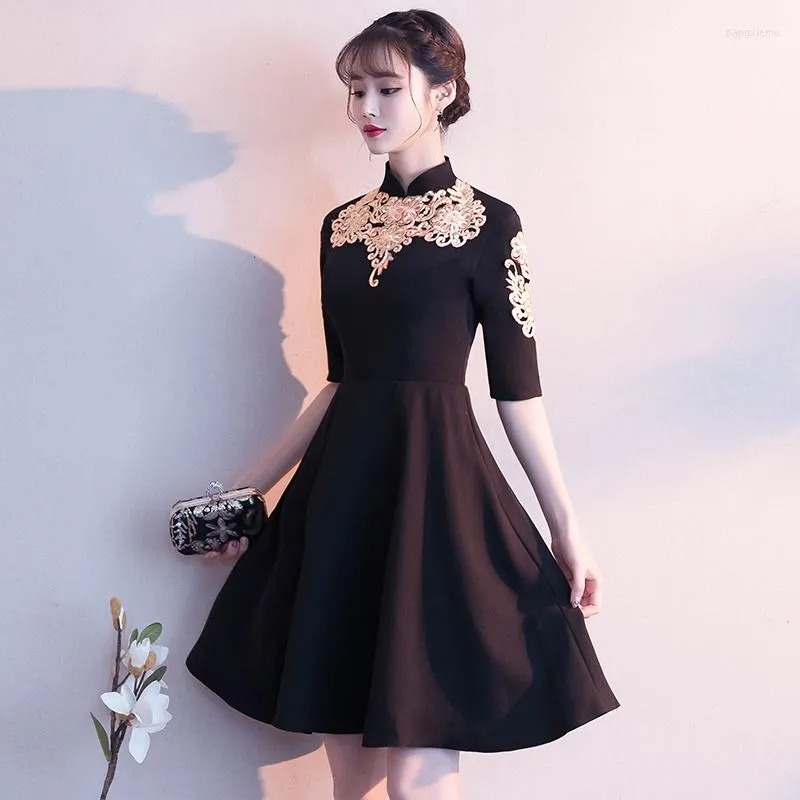 Ethnic Clothing Party Evening Cheongsam Dress Oriental Chinese Style Woman Elegant Black Qipao Sexy Wedding Prom Short Robe Retro Vestidos