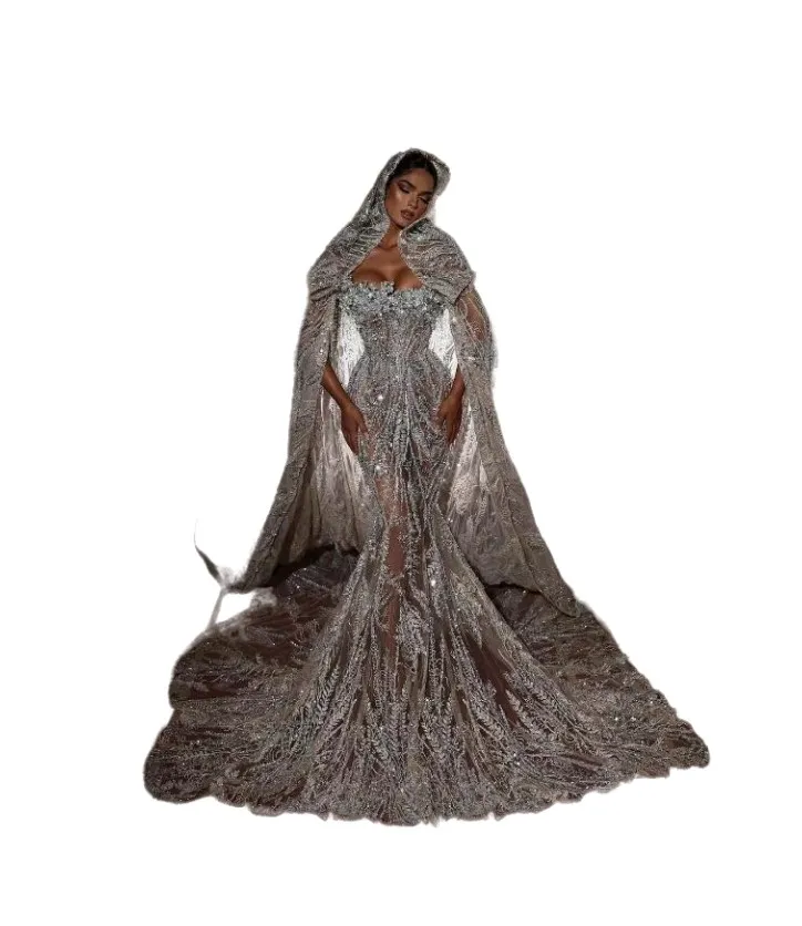 Robe de soirée argent brillant strass long traîne pendule.