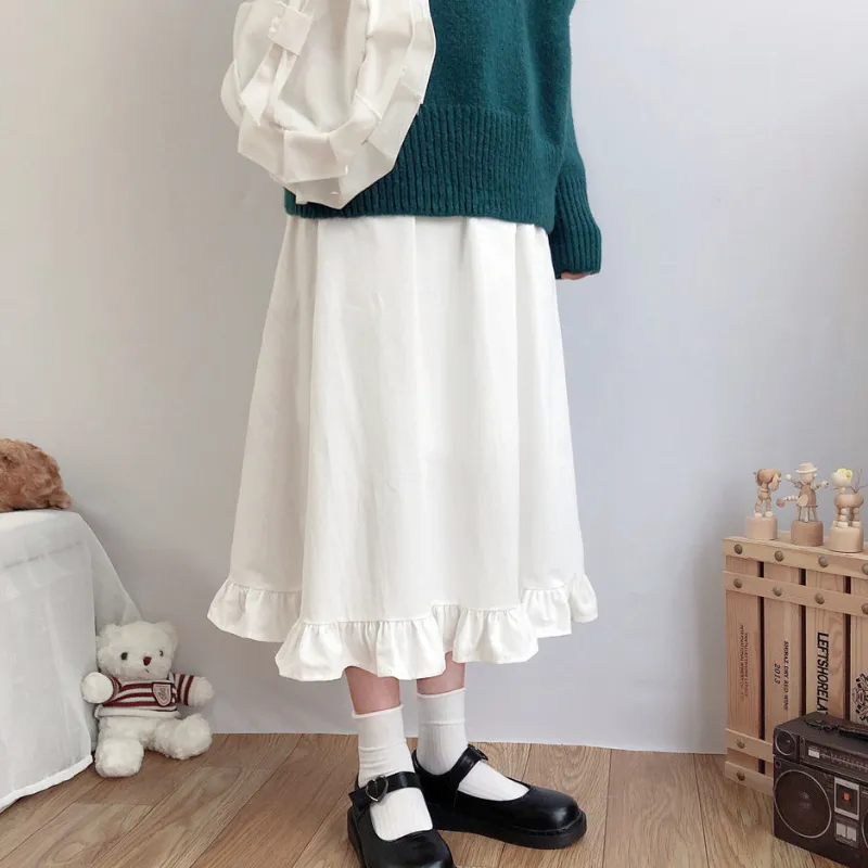 Skirts HOUZHOU Japanese Fashion White Long Skirt Women Kawaii Lolita Ruffle Patchwork High Waist A-line Midi Skirt Petticoat Mori Girl 230313