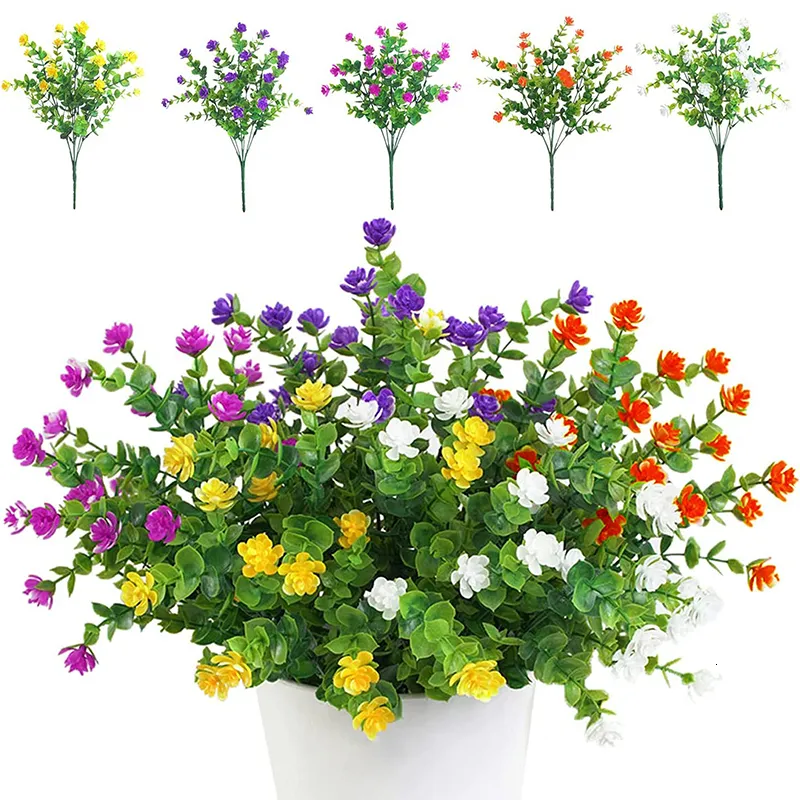 Couronnes de fleurs décoratives 10pcs bouquets de fleurs artificielles plantes vertes résistantes aux UV pour extérieur intérieur balcon jardin bureau fête de mariage décor 230313