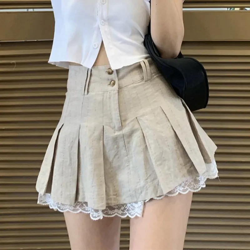 تنانير مطوية تنورة مصغرة نساء الصيف الصيف الدانتيل القطع تنانير أنثى preppy على غرار Khaki High Jeist Girl School Girl Miniform Miniform 230313