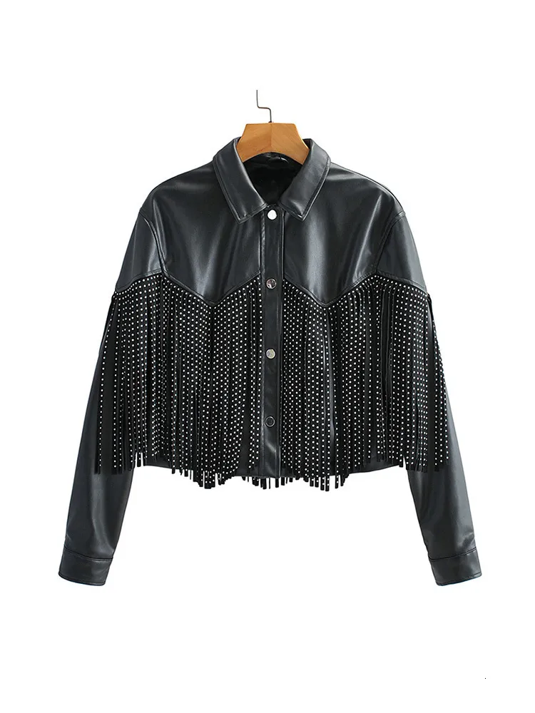 Women's Jackets FTLZZ Autumn Winter Tassel Rivet Faux Leather short Jackets Women Loose Moto Bike Soft PU Leather Coat Single Breasted Outwear 230311