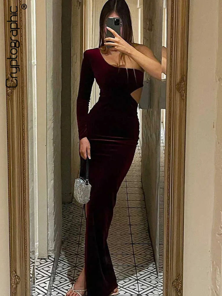 Party Dresses Cryptographic Velvet Sexy Cut Out One Shoulder Maxi Dress for Women Fashion Outfits Långärmad klänningar Party Club Clothes L230313