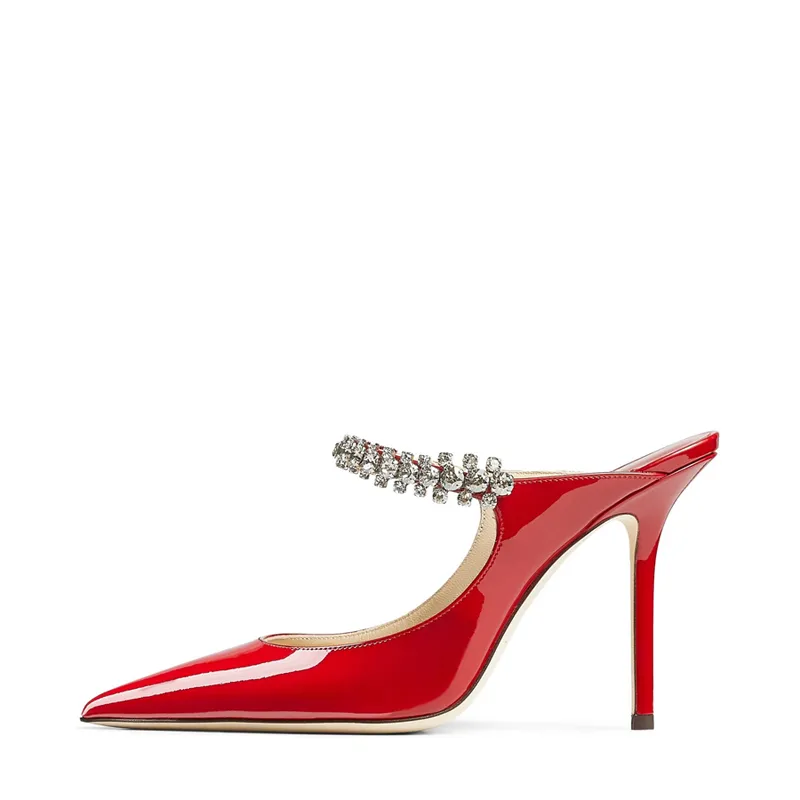 Luxury Women Pumps Sandals Trendy London Choo BING 100 mm Italy Pointed Toe Slingback Crystal Ankle Strap Embellished Red Patent Leather Sandal High Heels Box EU 35-42