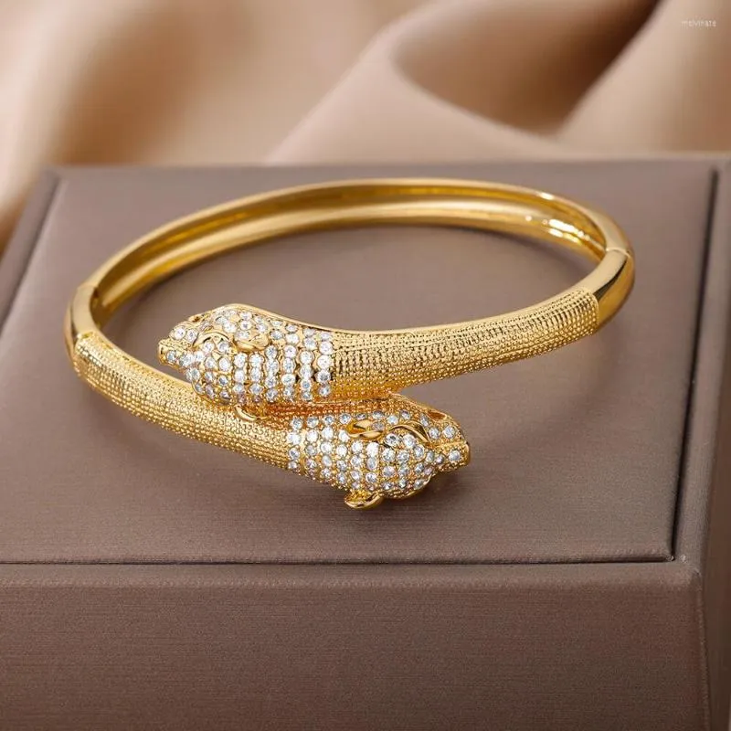 Brazalete de circonita cúbica con cabeza de leopardo para mujer, Pulseras de acero inoxidable, joyería estética Animal de tendencia 2023