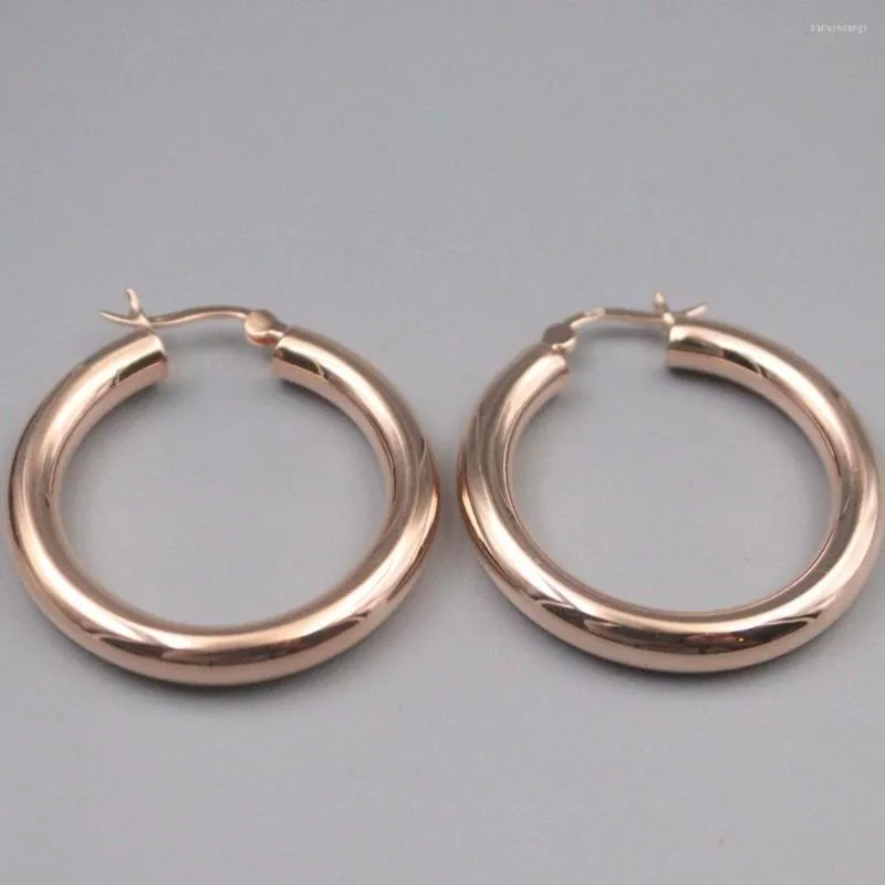 Hoop Earrings Real Pure S925 Sterling Silver Rose Gold Color Glossy Round Bar Circle