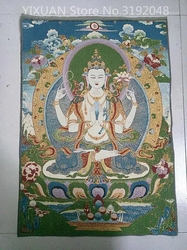 Dekorativa figurer föremål kinesiska folksilkbroderier Green Tara Mahayana Buddhism Thangka Målning Mural 23 tum.1