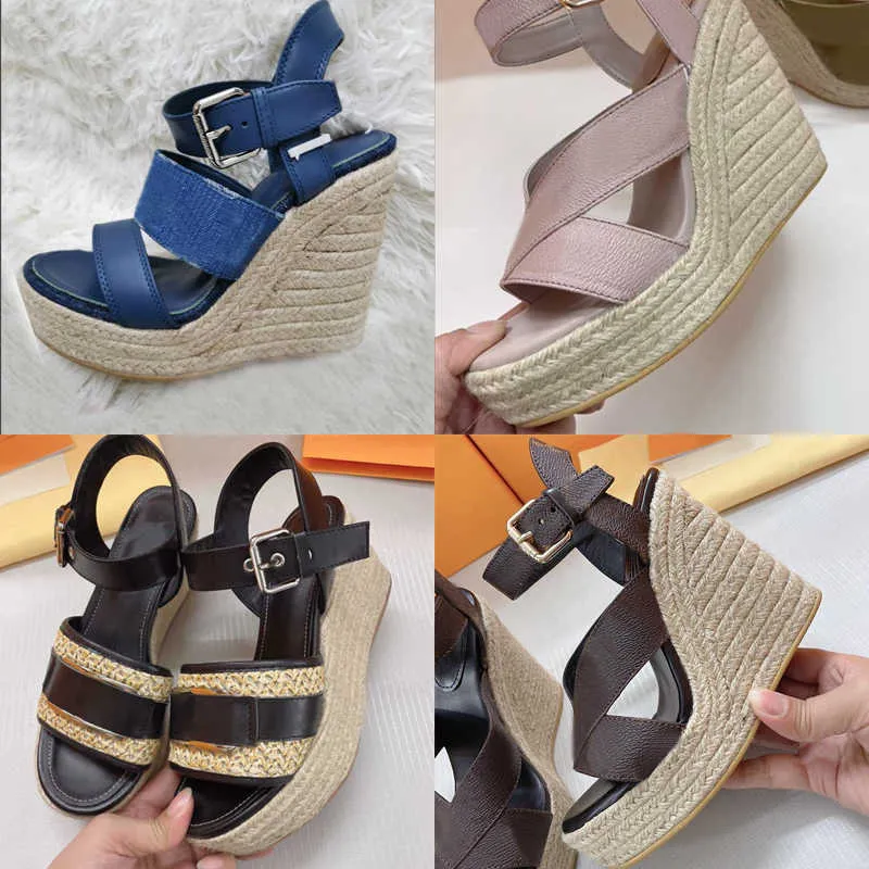 Women Straw Shoes Wedge Sandals Open Toe Gold Color Wedge Shoes Fashion Buckle Sandal Straw Bottom Pumps Lady Calfskin Shoe Laces-up Sandal With Box NO378