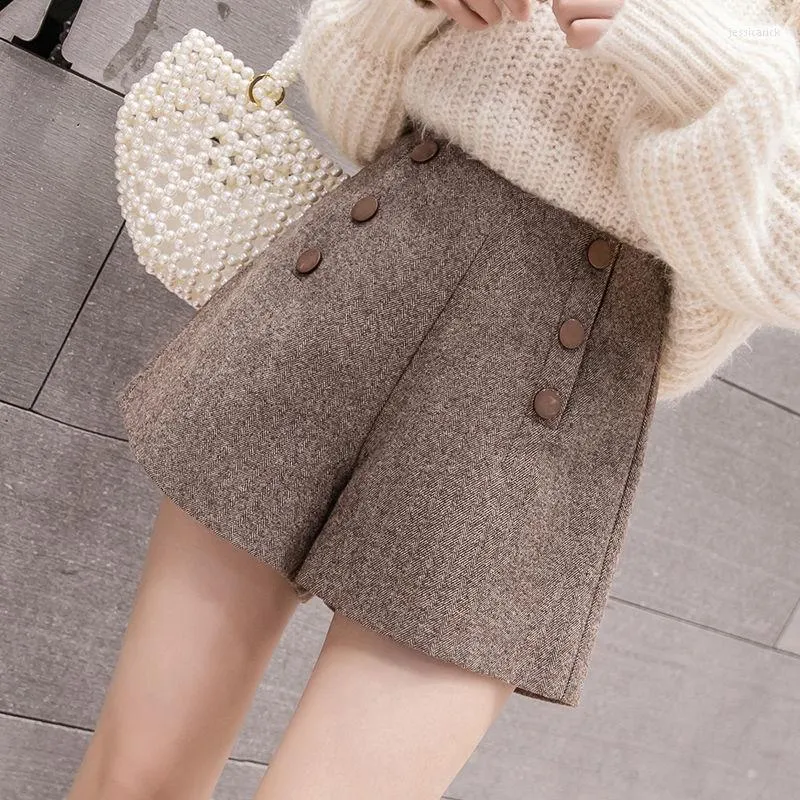 Women's Shorts Winter Fall 2023 Woman High Waisted Buttons Woolen Black Khaki Wide Leg Korean Style 3xl Slim Wool