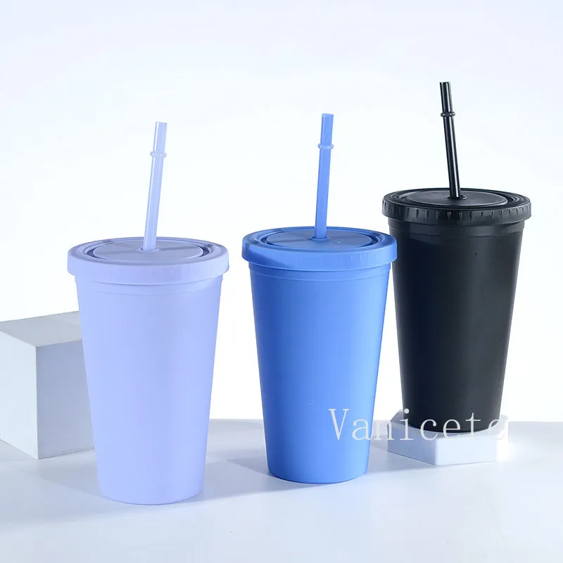 16オンスのプラスチックタンブラーカラー10色ダブルウォールプラスチックストローカップ幅幅の口とストローキャンディーカラー再利用可能なカップT9I002255