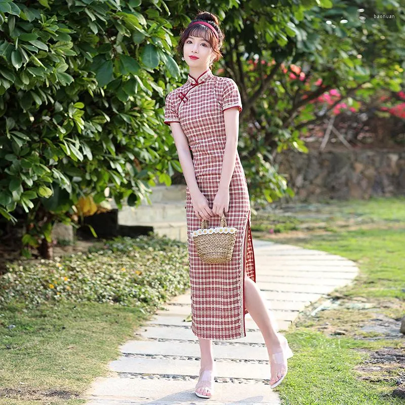 Этническая одежда 2023 Длинное ретро -китайское стиль литературное клетчатое платье STRIM FIT STRETCE CHEONGSAM Платье традиционное QIPAO