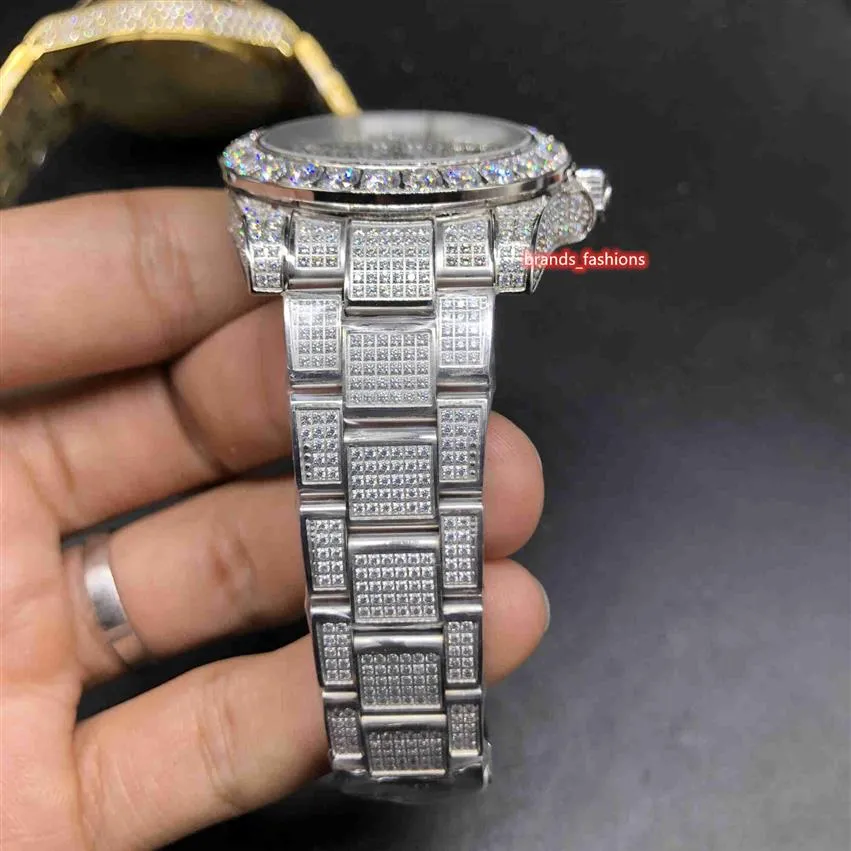 Nya män iced Diamond Watch Silver Diamond Face Watch Silver rostfritt stål Diamond Strap Watch Automatisk mekanisk Watche260D