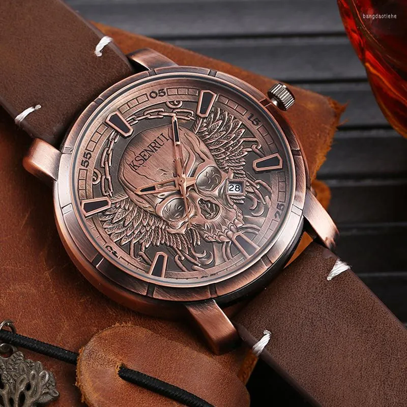 Relógios de pulso Industrial Skull Round Dial Round Quartz Assista Vintage Brown Leather Strap Data automática Moda simples Gifts All-Match