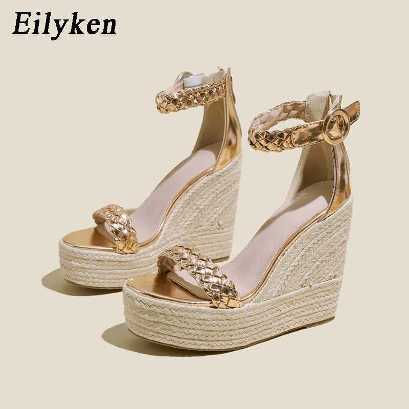 top Summer Peep Toe Weave Cane Straw Sandals Buckle Platform Wedges Women Fashion High Heels Female Shoes 230306