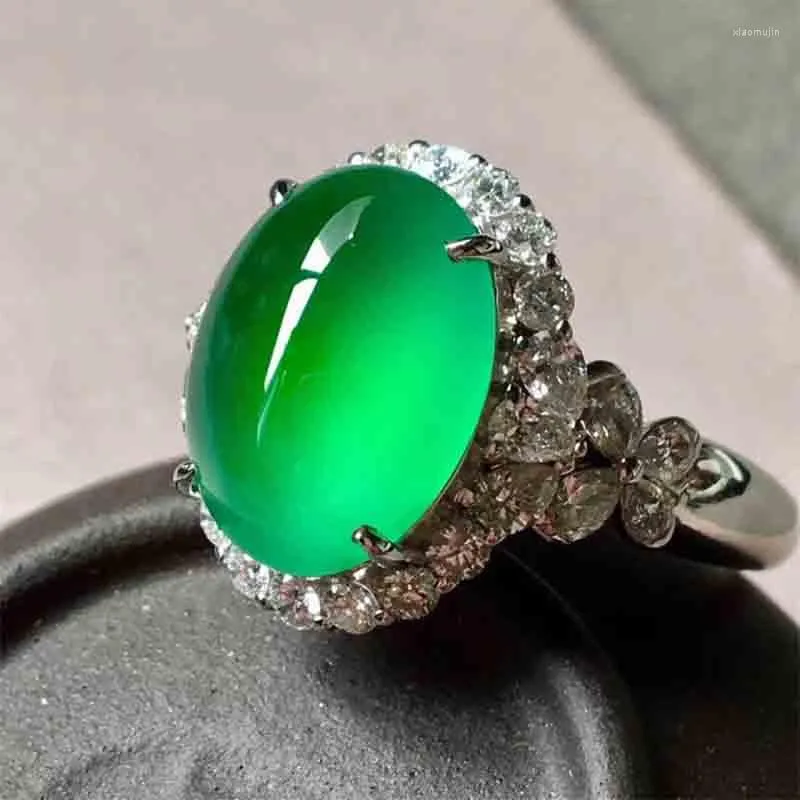 Cluster Rings Original Silver Inlaid Natural Hetian Chrysoprase Oval Ring Ladies Adjustable Luxury Elegant Chinese Engagement Party Jewelry