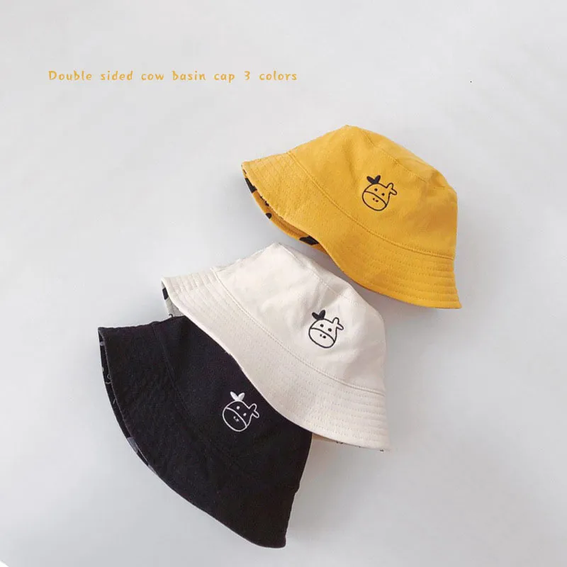 Caps Hats Baby Hat Soft Spring Autumn Kids Girl Boy Bucket Cap Outdoor Children Double Sided Cow Basin Hat Toddler Fisherman Beach Sun Hat 230313