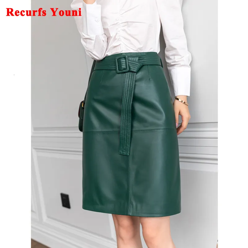 Skirts Women Lace-up Genuine Leather Skirt Female Winter Pure Sheep Skin Knee Length Saias With Belt Feminina Neat Stitches Wrap Jupe 230313