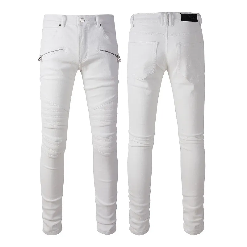 Jeans Branco Sem Rasgos Jeans Skinny Designer para Homens Calças Masculinas Rasgadas com Buracos Denim Man Perna Reta Slim Fit Zíper Furo Moda Longo Hip Hop Rock Biker Distress 20ss