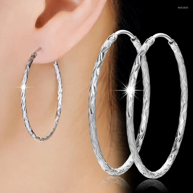 Hoop Earrings SA SILVERAGE Women's Sterling Silver Luxury Jewelry Fashion Carving S925 Striped Large