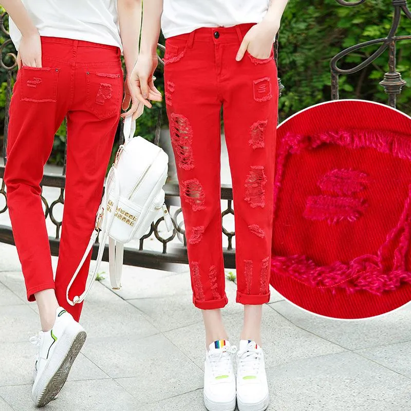 Jeans da donna 2023 Summer S Foro strappato per donna Pantaloni casual in denim non elastici a vita alta Pantaloni da mamma alla moda femminile