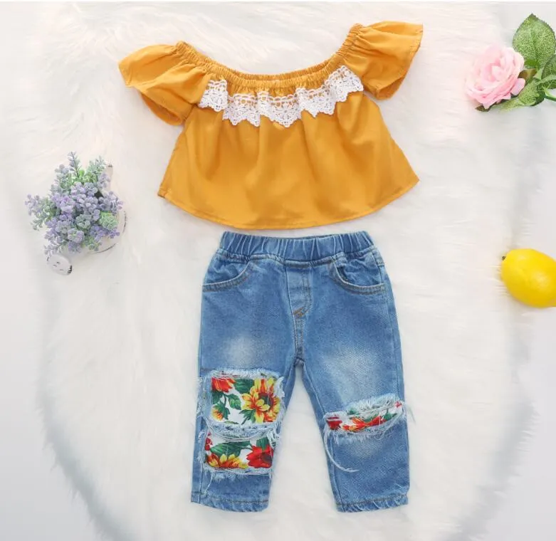 Kids Girls Summer Clothes Sets Baby Off Shoulder Short Sleeve Lace Tops Floral Ripped Denim Pants Children Outfits