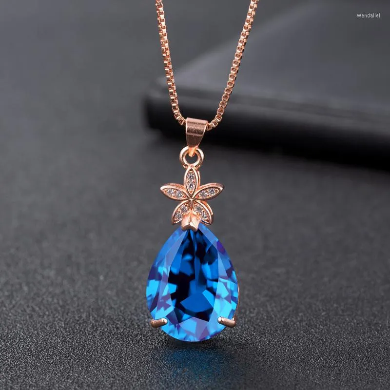 Pendentif Colliers Fine RoseGold Couleur Femme Partie Bijoux Accessoires De Luxe Simple Mode Pétale En Forme De Goutte Collier En Cristal Pour Les Femmes